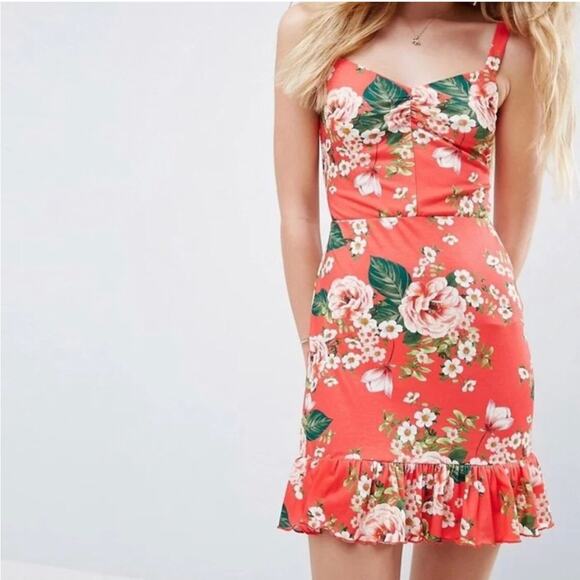 ASOS Mini Sundress With Lace-Up Back and Peplum Hem Red Floral 14 - Picture 7 of 7